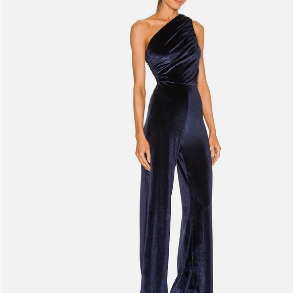 House of Harlow 1960 Revolve Navy Blue Velvet One Shoulder Jumpsuit size S - Picture 3 of 4
